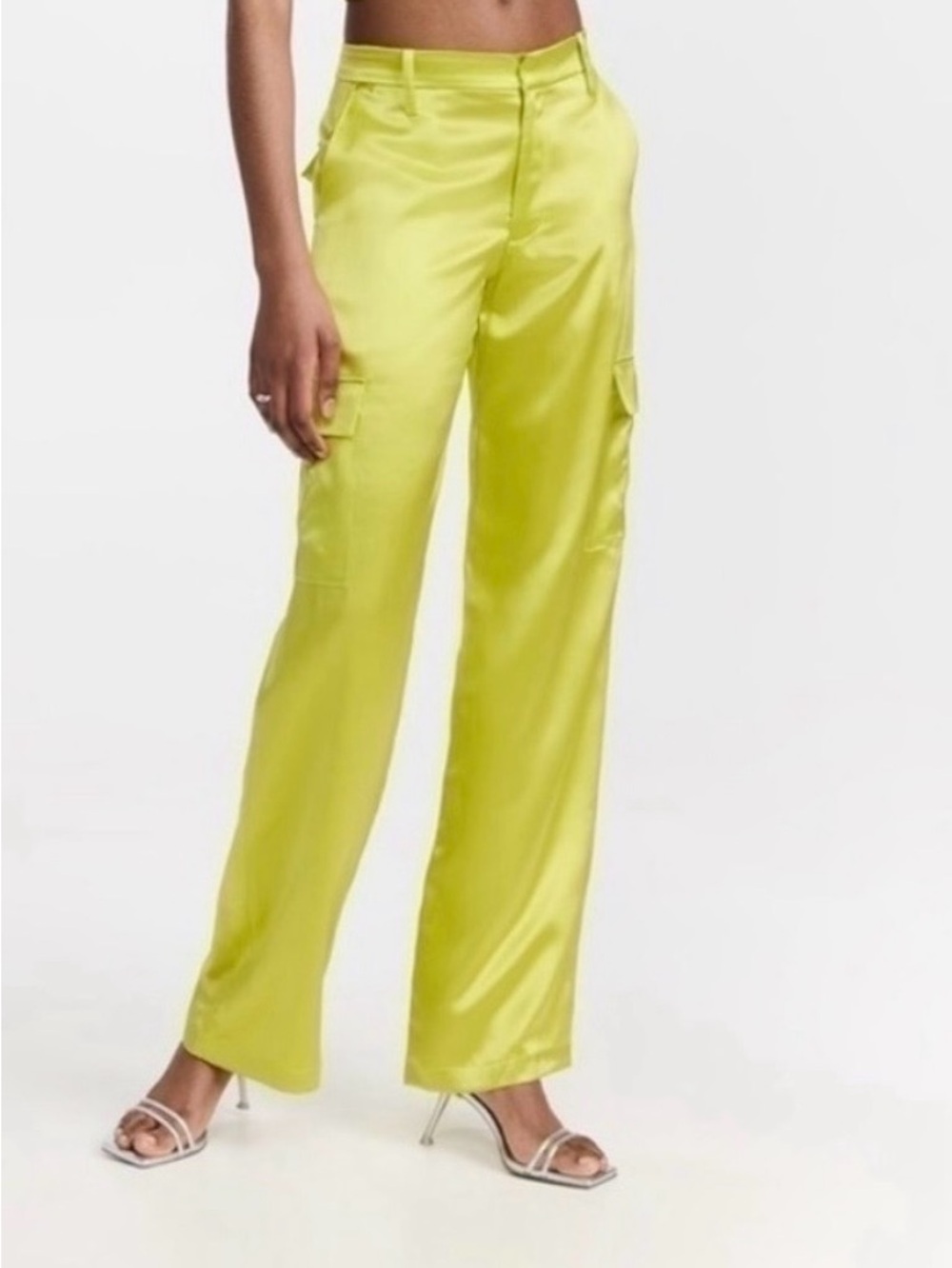 House of Harlow 1960 Satin Cargo Wide-Leg Pants in Lime Green